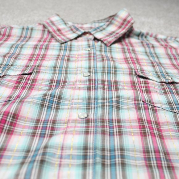 Wrancher Wrangler Pearl Snap Shirt Mens 2XL XXL  Pink/Blue w/Gold Metallic Strip - Picture 4 of 11